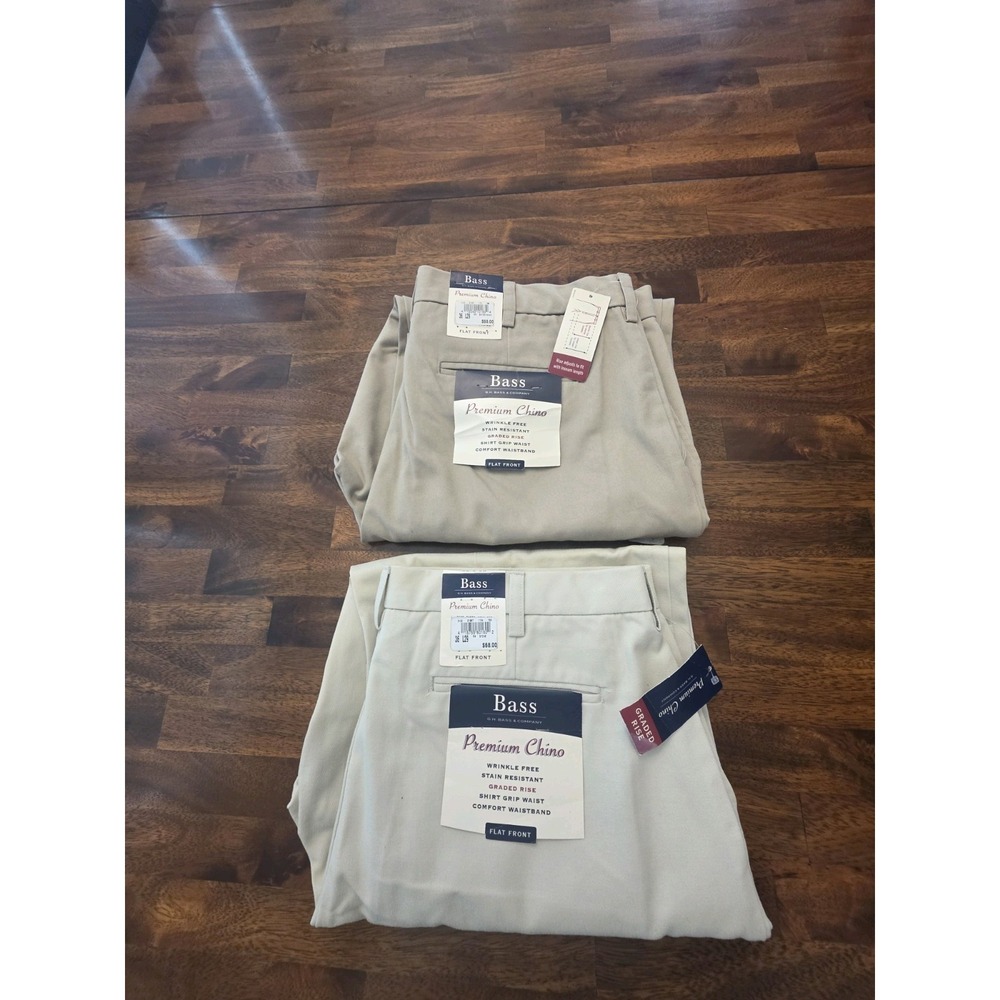 2 Gh Bass Premium Chino Pants Men's NWT 36×29 Khaki Tan Beige Flat Front Cotton